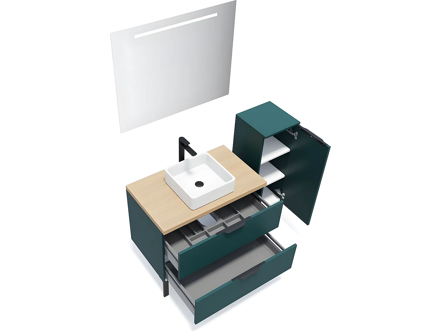 Meuble de salle de bain suspendu vasque à poser 90cm 2 tiroirs Bleu + miroir + colonne ouverture droite - Soho