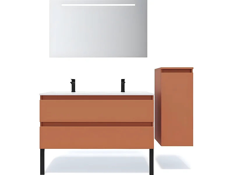 Meuble de salle de bain suspendu double vasque intégrée 120cm 2 tiroirs Terracotta + miroir + colonne ouverture droite - Hudson