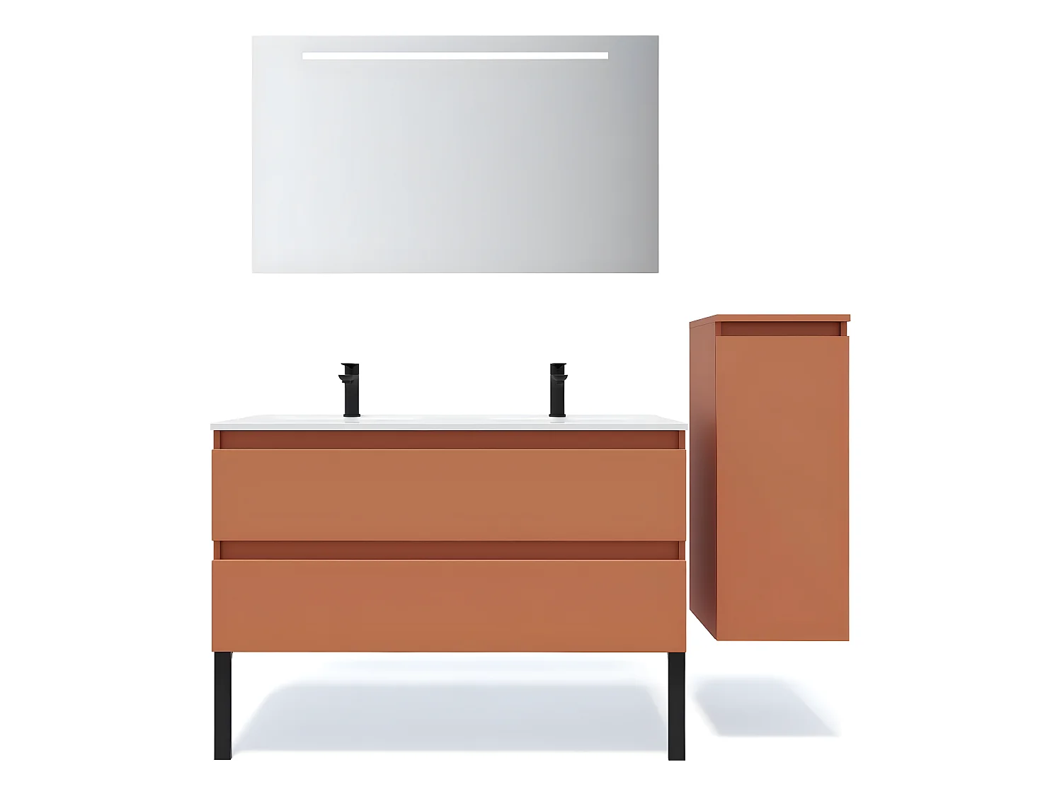 Meuble de salle de bain suspendu double vasque intégrée 120cm 2 tiroirs Terracotta + miroir + colonne ouverture droite - Hudson