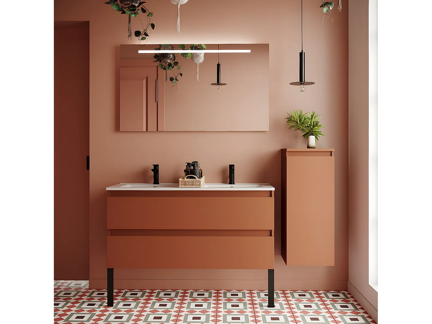 Meuble de salle de bain suspendu double vasque intégrée 120cm 2 tiroirs Terracotta + miroir + colonne ouverture droite - Hudson