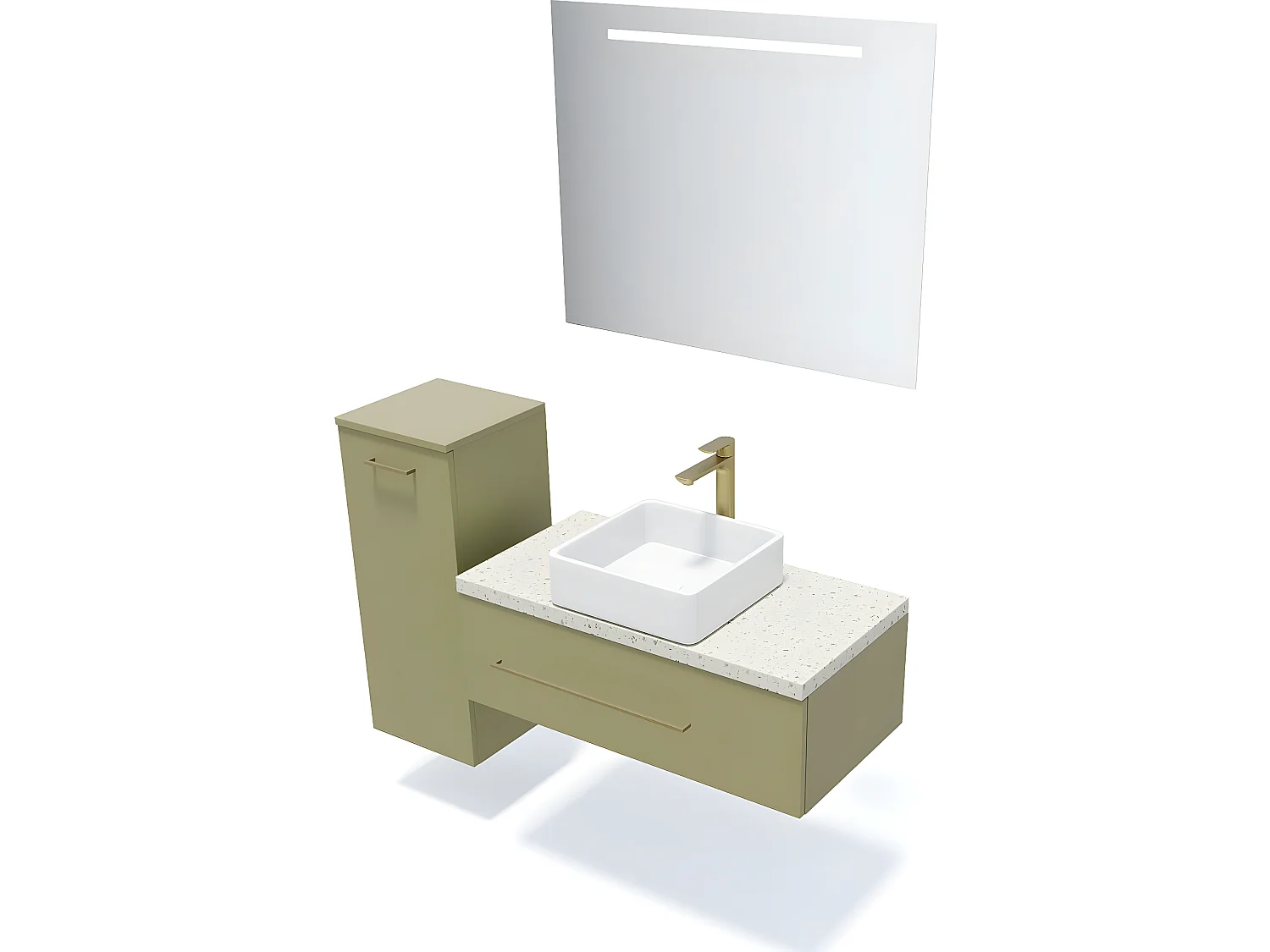 Meuble de salle de bain suspendu vasque à poser 90cm 1 tiroir Vert olive + miroir + colonne ouverture gauche - Glasgow