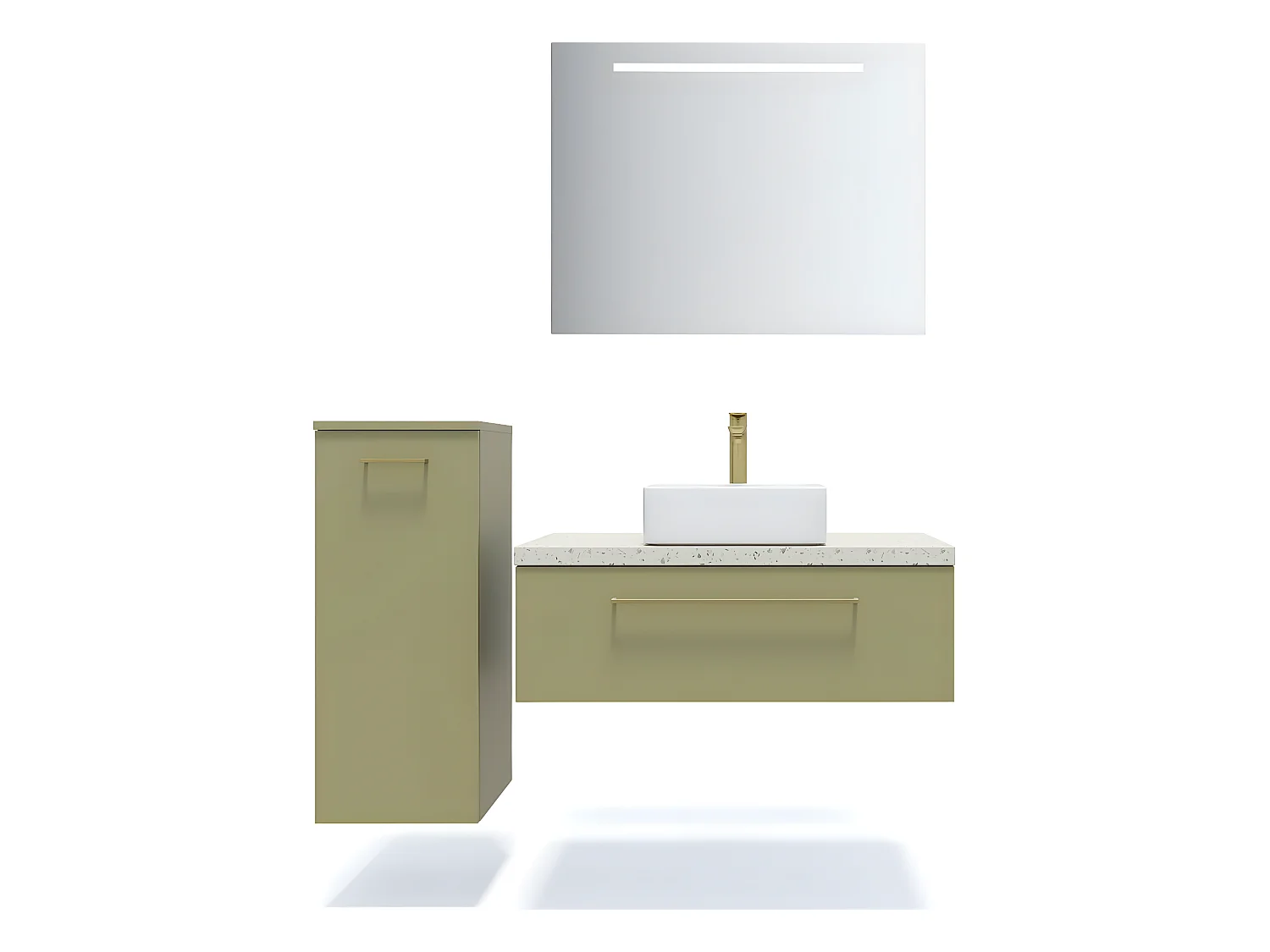Meuble de salle de bain suspendu vasque à poser 90cm 1 tiroir Vert olive + miroir + colonne ouverture gauche - Glasgow