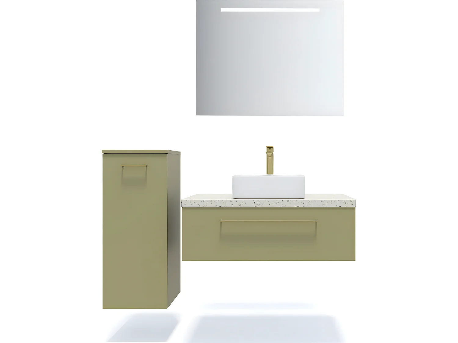 Meuble de salle de bain suspendu vasque à poser 90cm 1 tiroir Vert olive + miroir + colonne ouverture gauche - Glasgow