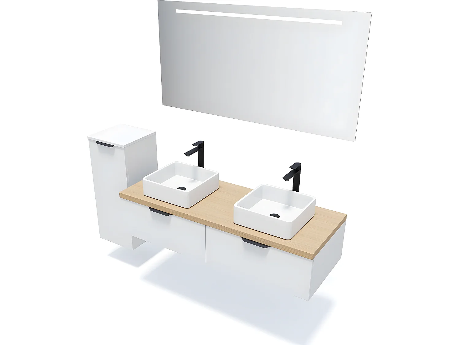 Meuble de salle de bain suspendu 2 vasques à poser 140cm 2 tiroirs Blanc + miroir + colonne ouverture gauche - Soho