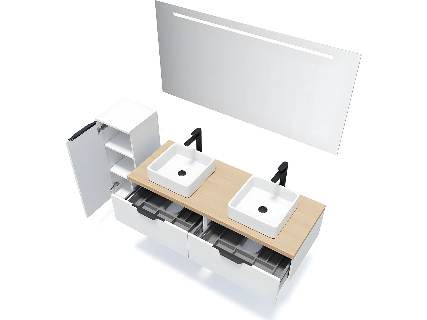 Meuble de salle de bain suspendu 2 vasques à poser 140cm 2 tiroirs Blanc + miroir + colonne ouverture gauche - Soho