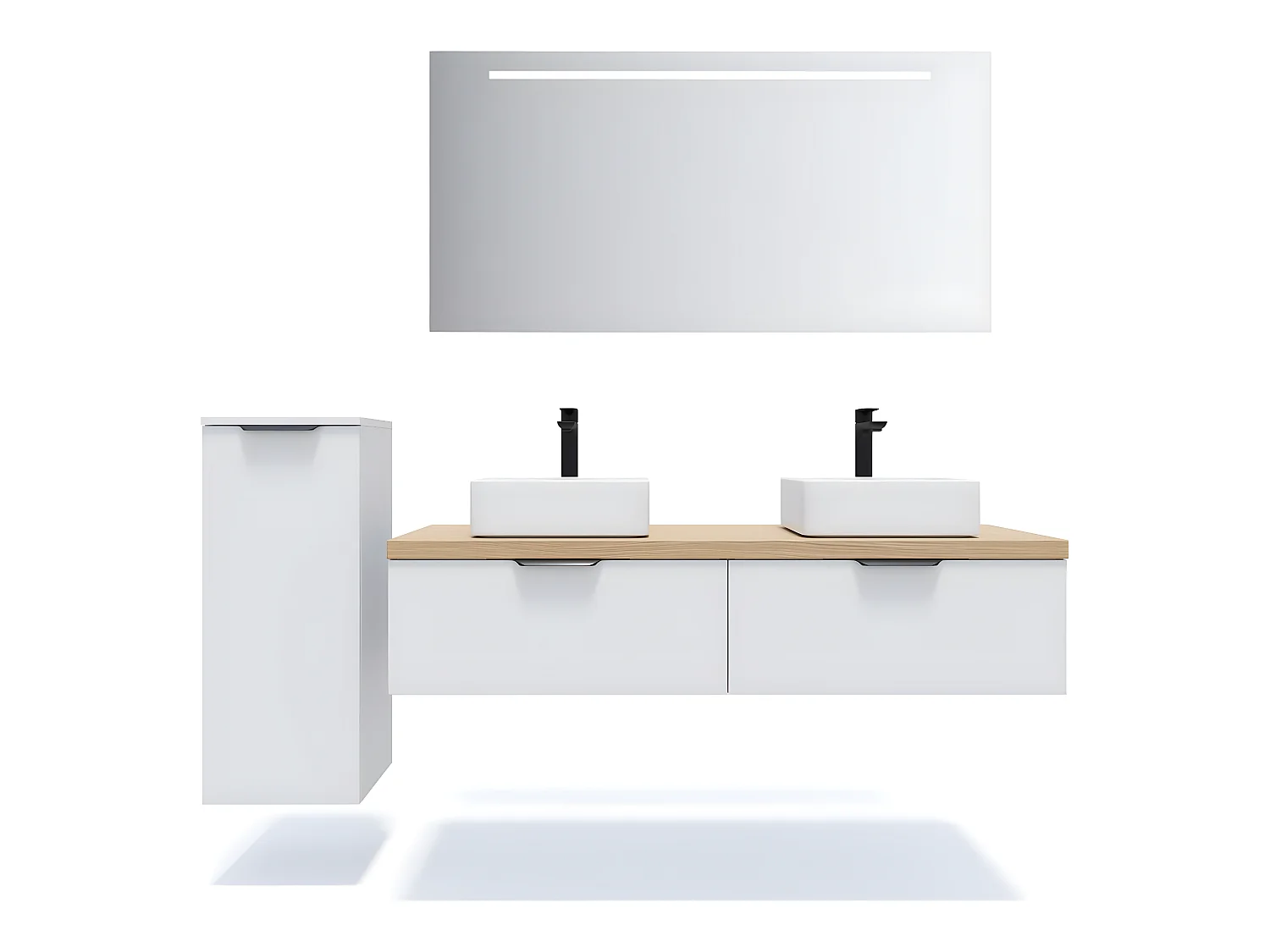 Meuble de salle de bain suspendu 2 vasques à poser 140cm 2 tiroirs Blanc + miroir + colonne ouverture gauche - Soho