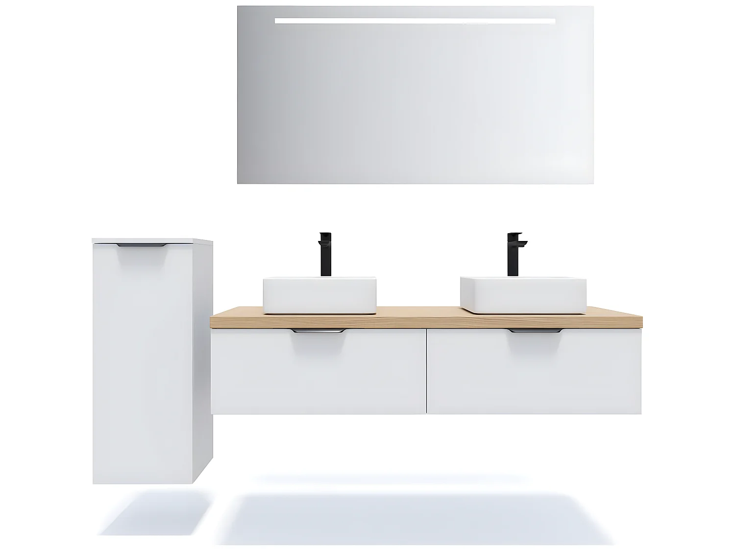 Meuble de salle de bain suspendu 2 vasques à poser 140cm 2 tiroirs Blanc + miroir + colonne ouverture gauche - Soho