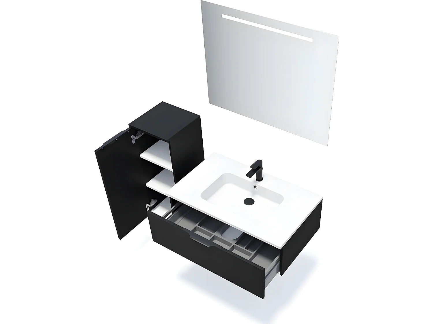Meuble de salle de bain suspendu vasque intégrée 90cm 1 tiroir Noir + miroir + colonne ouverture gauche - Soho