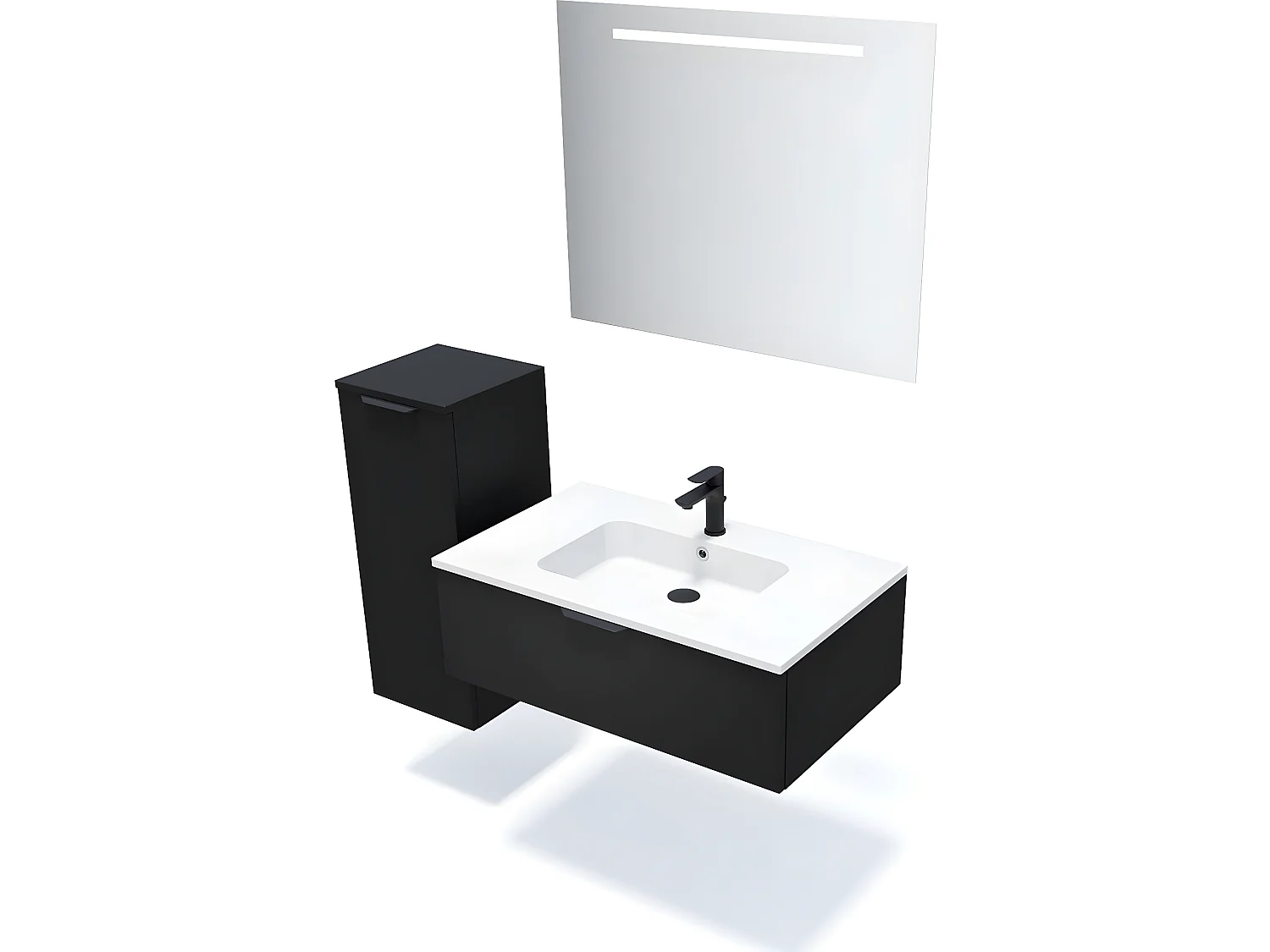 Meuble de salle de bain suspendu vasque intégrée 90cm 1 tiroir Noir + miroir + colonne ouverture gauche - Soho