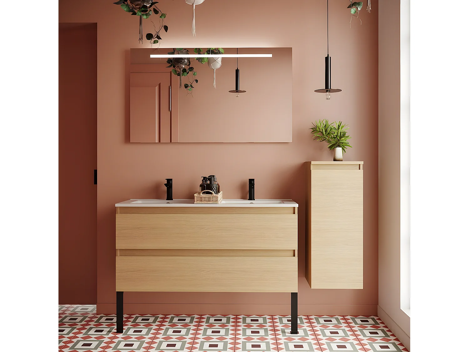 Meuble de salle de bain suspendu double vasque intégrée 120cm 2 tiroirs Chêne clair + miroir + colonne ouverture droite - Hudson