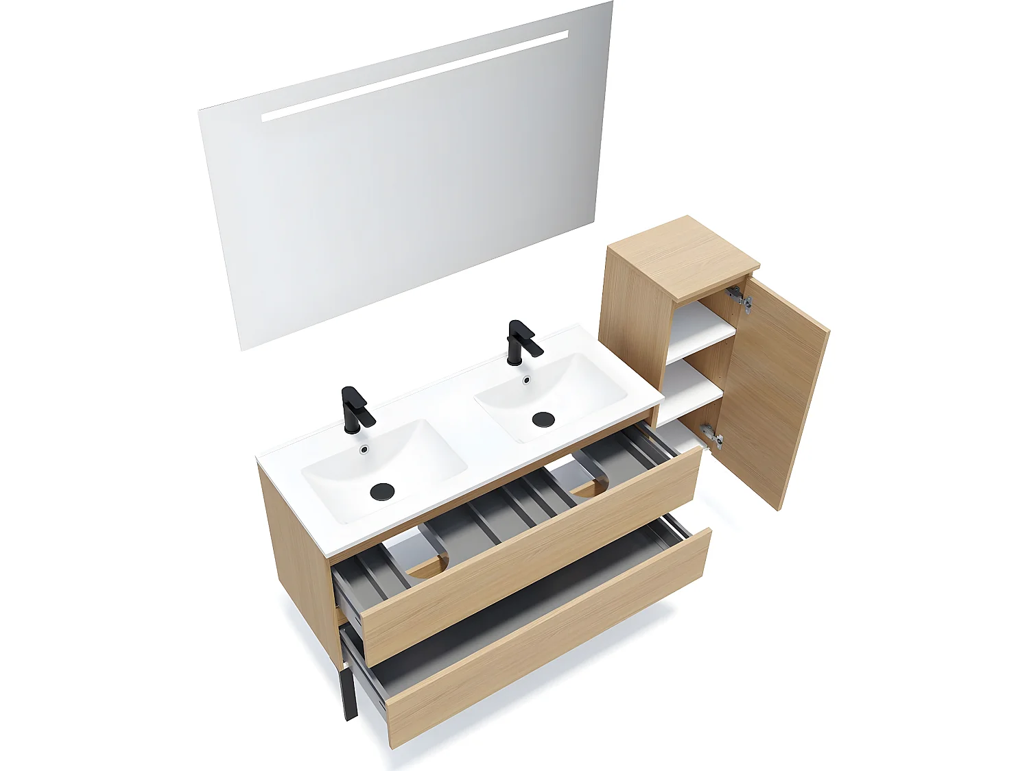 Meuble de salle de bain suspendu double vasque intégrée 120cm 2 tiroirs Chêne clair + miroir + colonne ouverture droite - Hudson