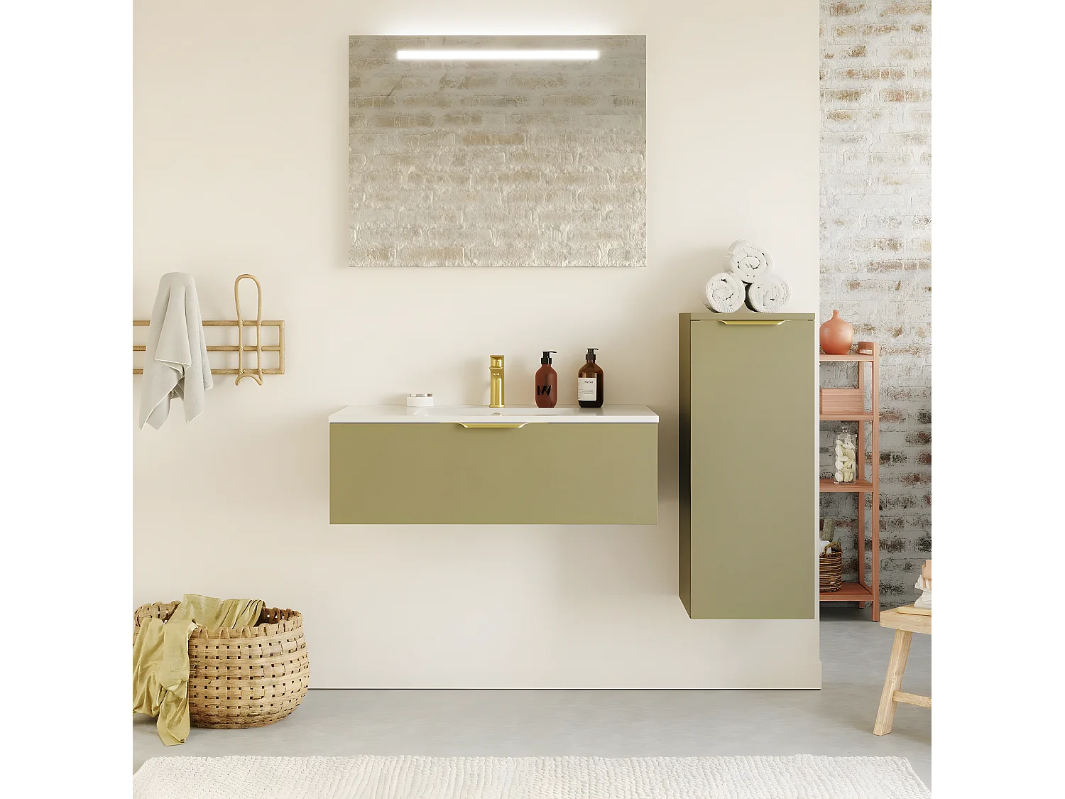 Meuble de salle de bain suspendu vasque intégrée 90cm 1 tiroir Vert olive + miroir + colonne ouverture droite - Venice