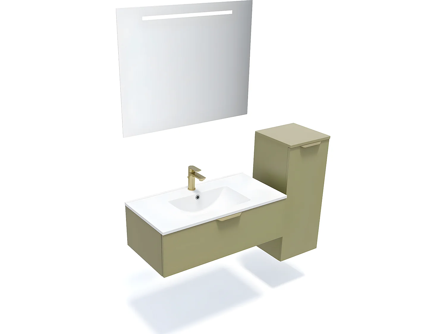 Meuble de salle de bain suspendu vasque intégrée 90cm 1 tiroir Vert olive + miroir + colonne ouverture droite - Venice