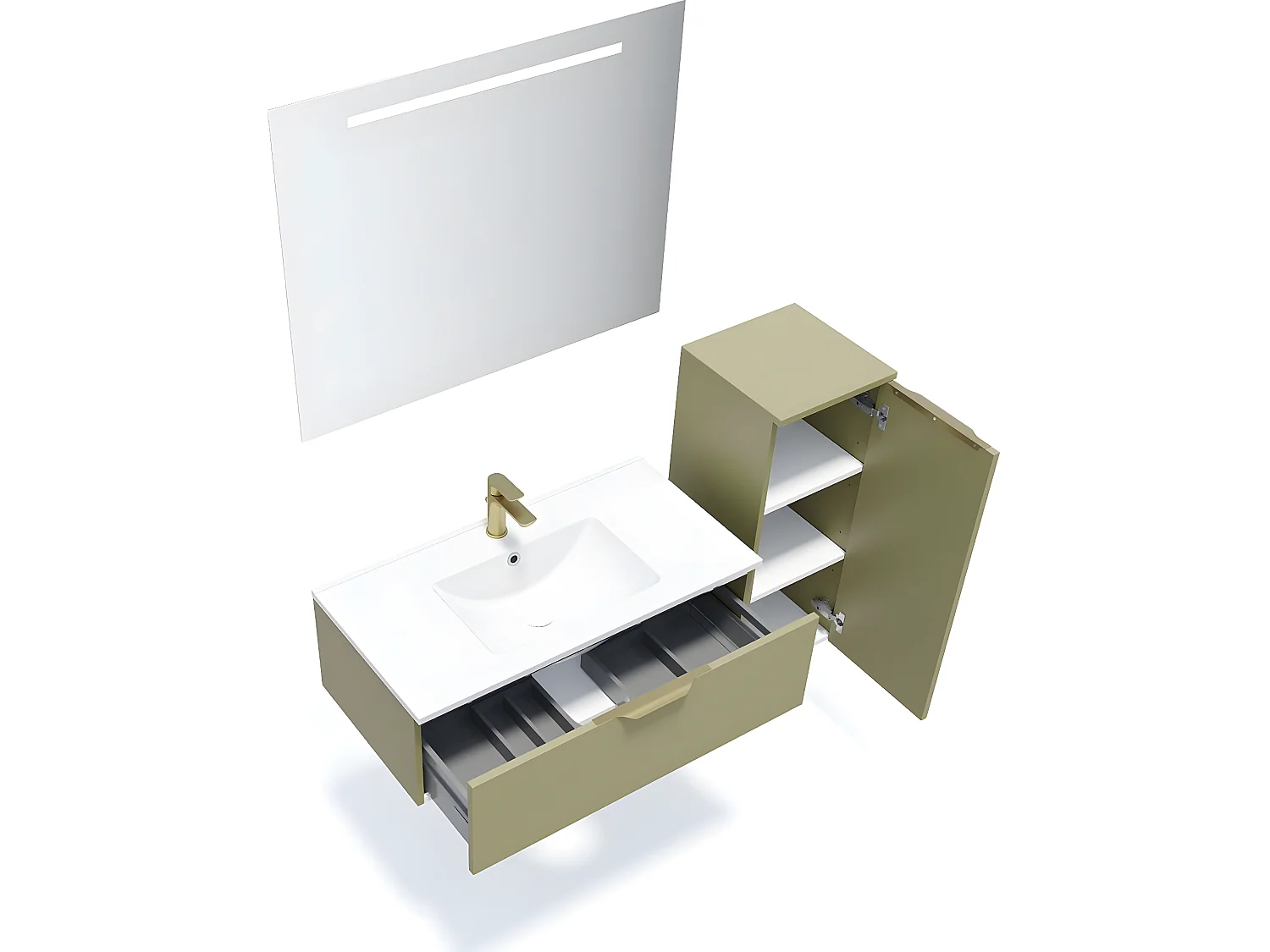 Meuble de salle de bain suspendu vasque intégrée 90cm 1 tiroir Vert olive + miroir + colonne ouverture droite - Venice