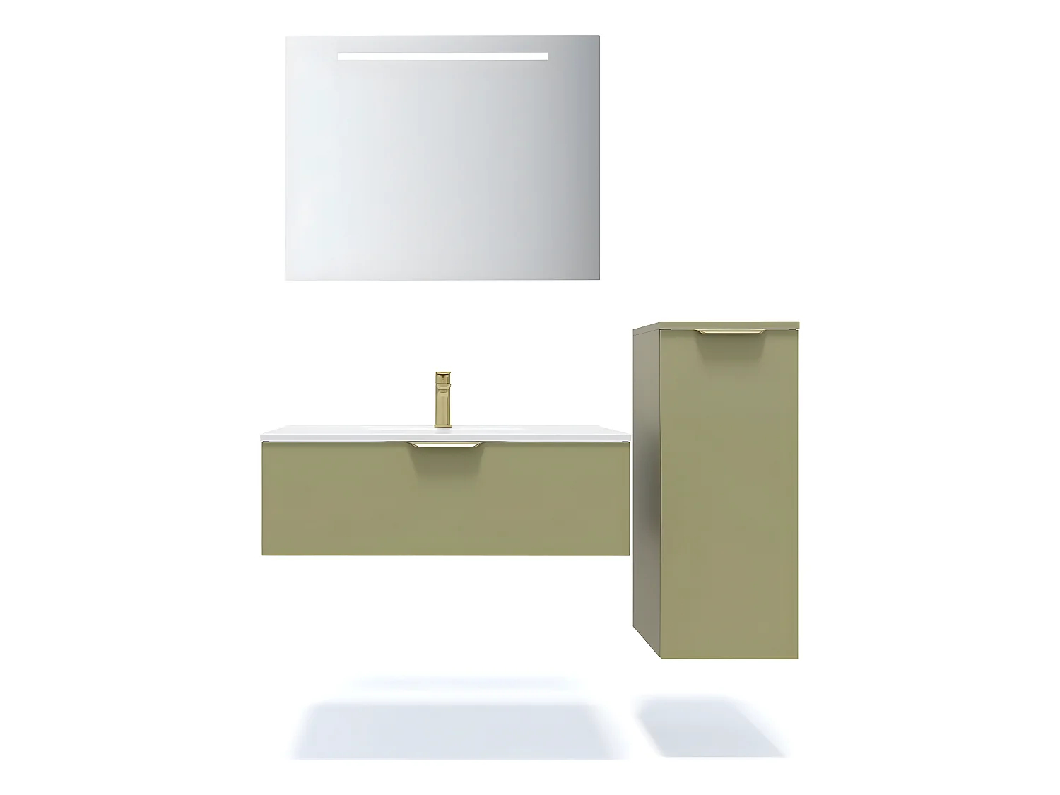 Meuble de salle de bain suspendu vasque intégrée 90cm 1 tiroir Vert olive + miroir + colonne ouverture droite - Venice