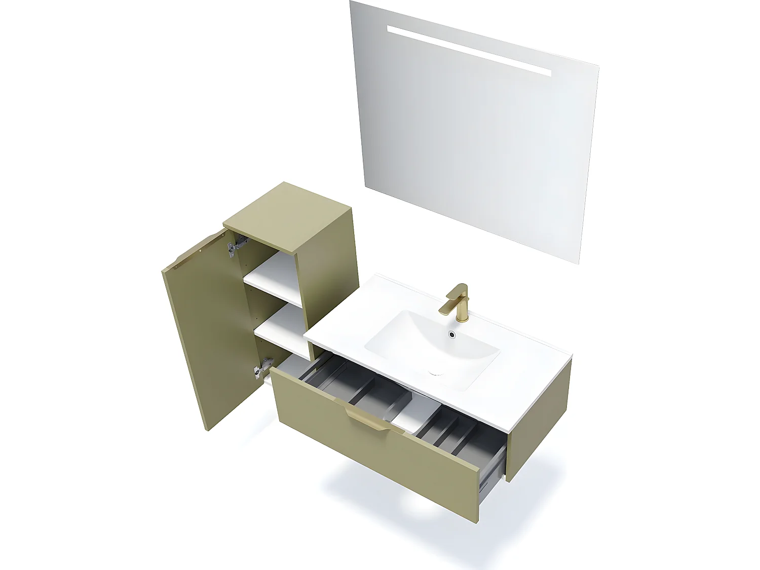 Meuble de salle de bain suspendu vasque intégrée 90cm 1 tiroir Vert olive + miroir + colonne ouverture gauche - Venice