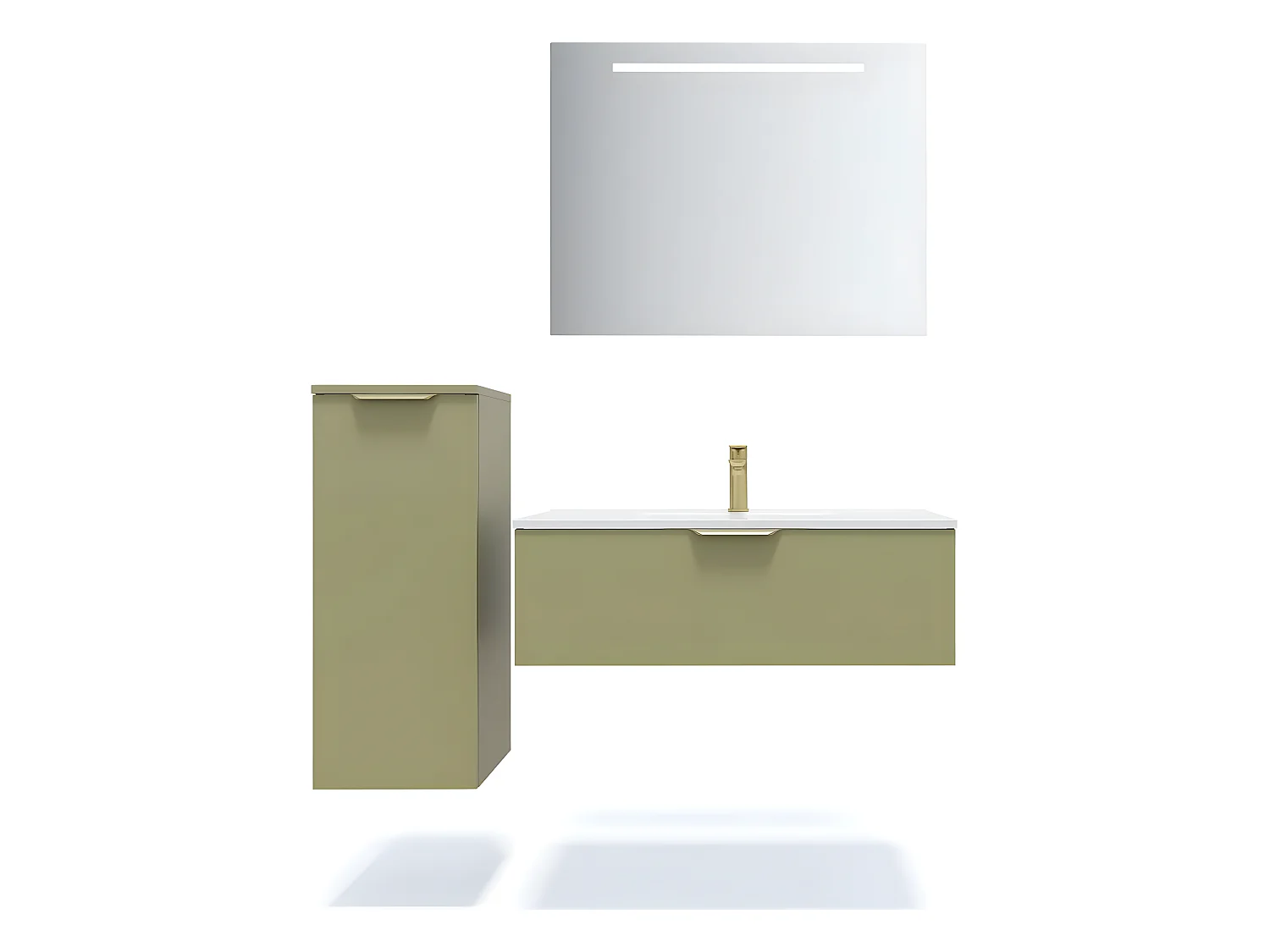 Meuble de salle de bain suspendu vasque intégrée 90cm 1 tiroir Vert olive + miroir + colonne ouverture gauche - Venice
