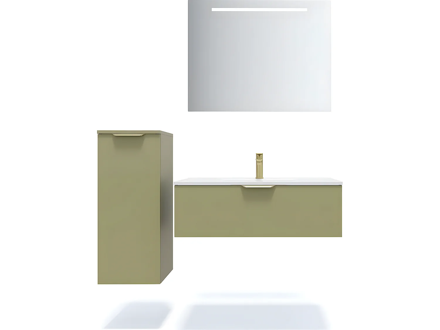 Meuble de salle de bain suspendu vasque intégrée 90cm 1 tiroir Vert olive + miroir + colonne ouverture gauche - Venice
