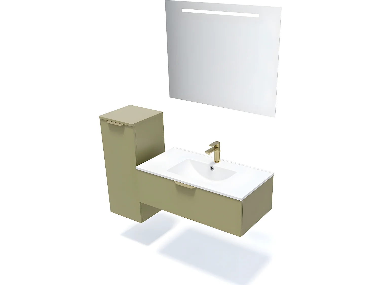 Meuble de salle de bain suspendu vasque intégrée 90cm 1 tiroir Vert olive + miroir + colonne ouverture gauche - Venice