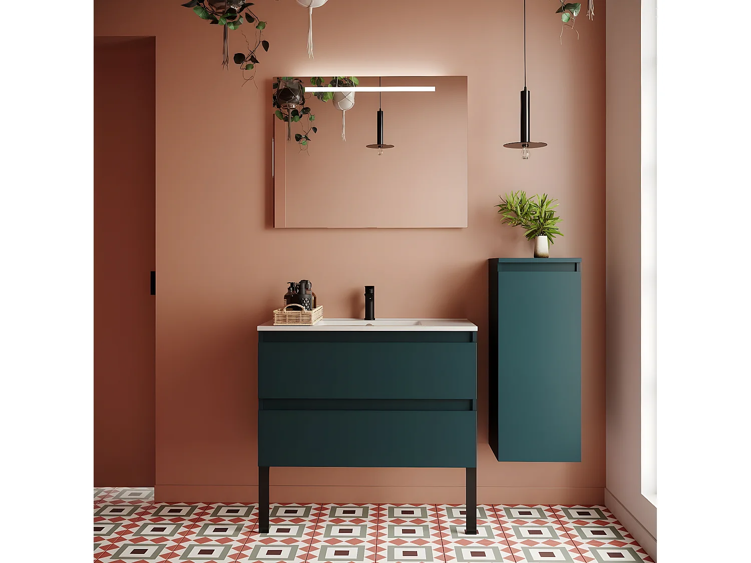 Meuble de salle de bain suspendu vasque intégrée 90cm 2 tiroirs Bleu + miroir + colonne ouverture droite - Hudson