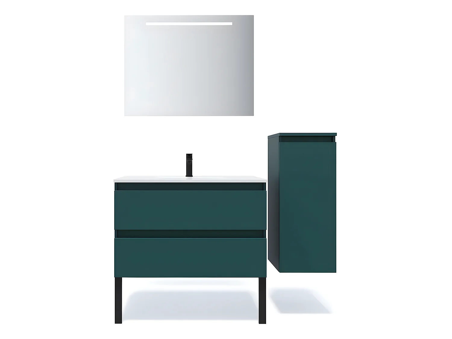 Meuble de salle de bain suspendu vasque intégrée 90cm 2 tiroirs Bleu + miroir + colonne ouverture droite - Hudson