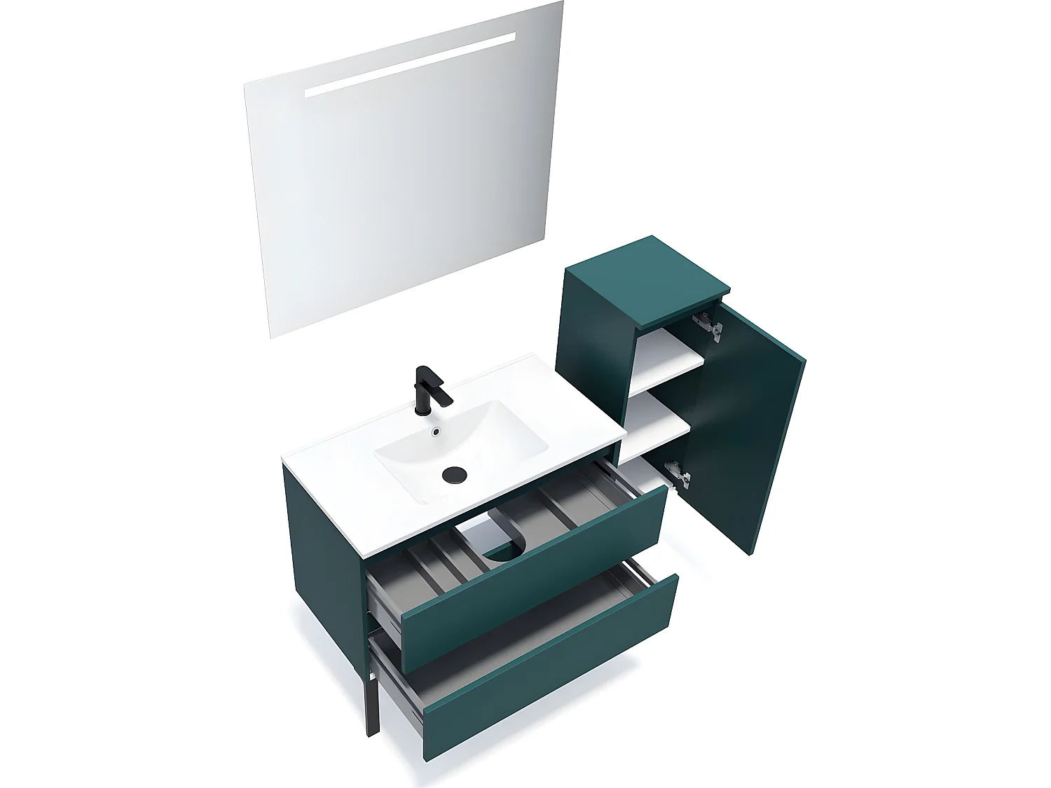 Meuble de salle de bain suspendu vasque intégrée 90cm 2 tiroirs Bleu + miroir + colonne ouverture droite - Hudson