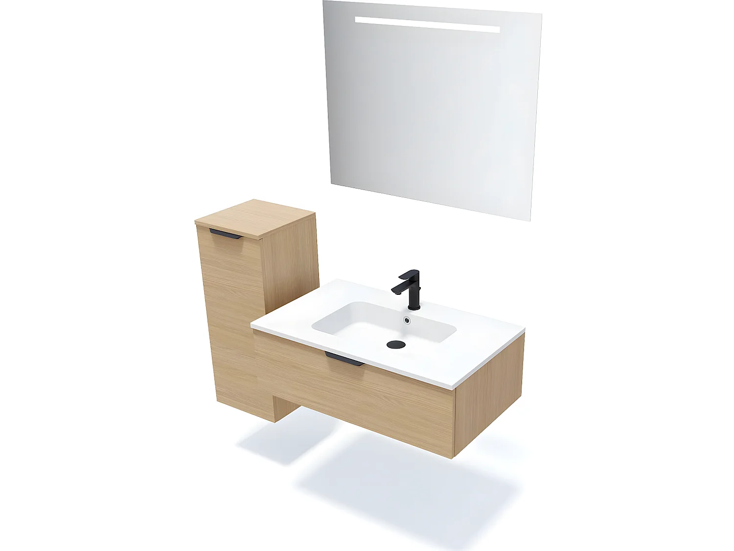 Meuble de salle de bain suspendu vasque intégrée 90cm 1 tiroir Chêne clair + miroir + colonne ouverture gauche - Soho