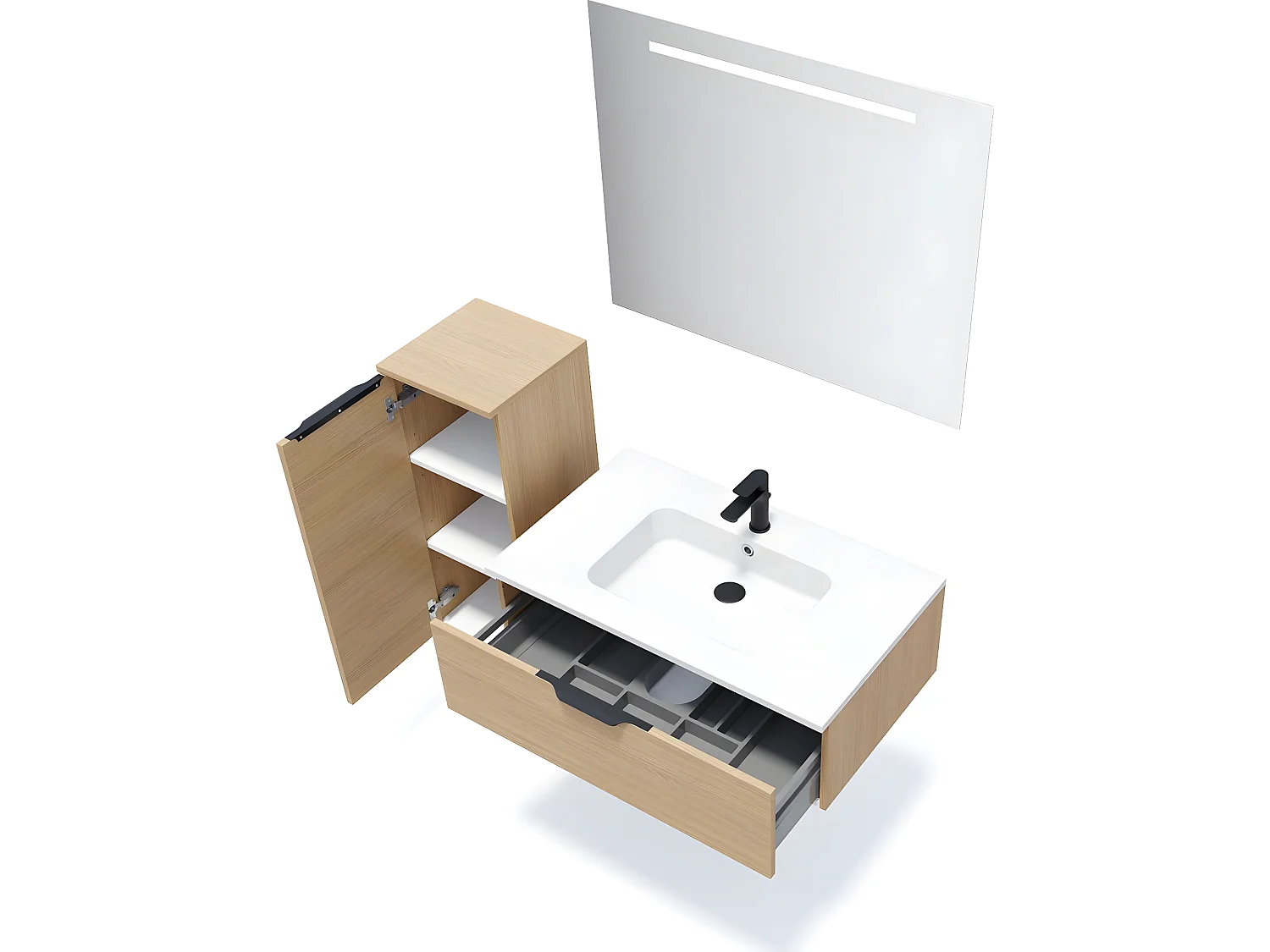 Meuble de salle de bain suspendu vasque intégrée 90cm 1 tiroir Chêne clair + miroir + colonne ouverture gauche - Soho