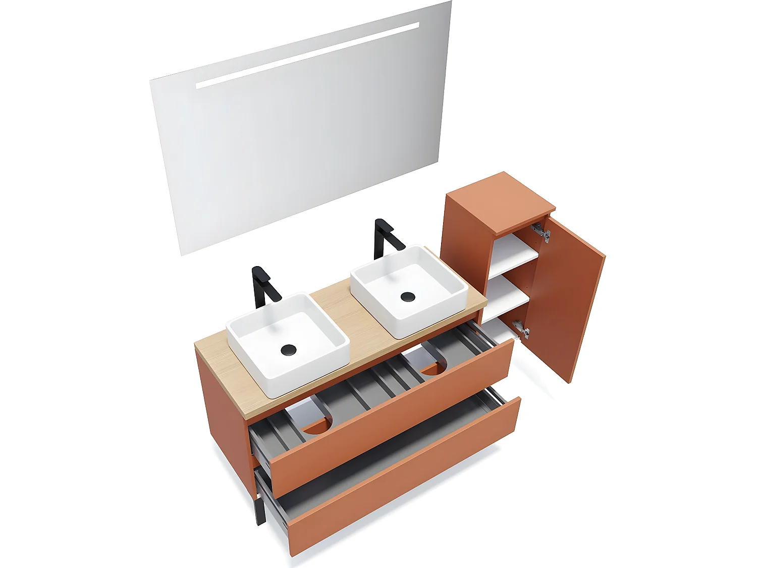 Meuble de salle de bain suspendu 2 vasques à poser 120cm 2 tiroirs Terracotta + miroir + colonne ouverture droite - Hudson