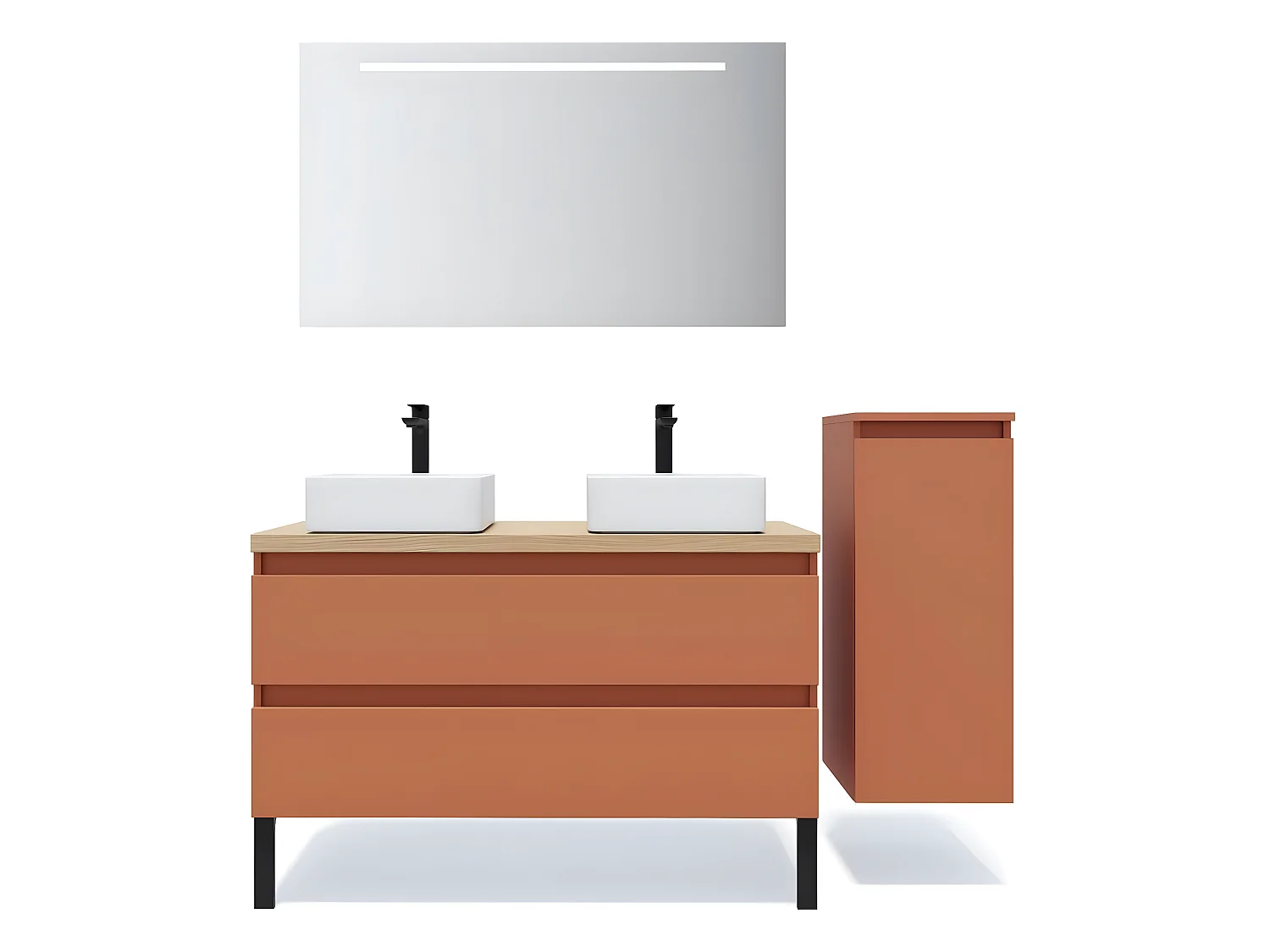 Meuble de salle de bain suspendu 2 vasques à poser 120cm 2 tiroirs Terracotta + miroir + colonne ouverture droite - Hudson
