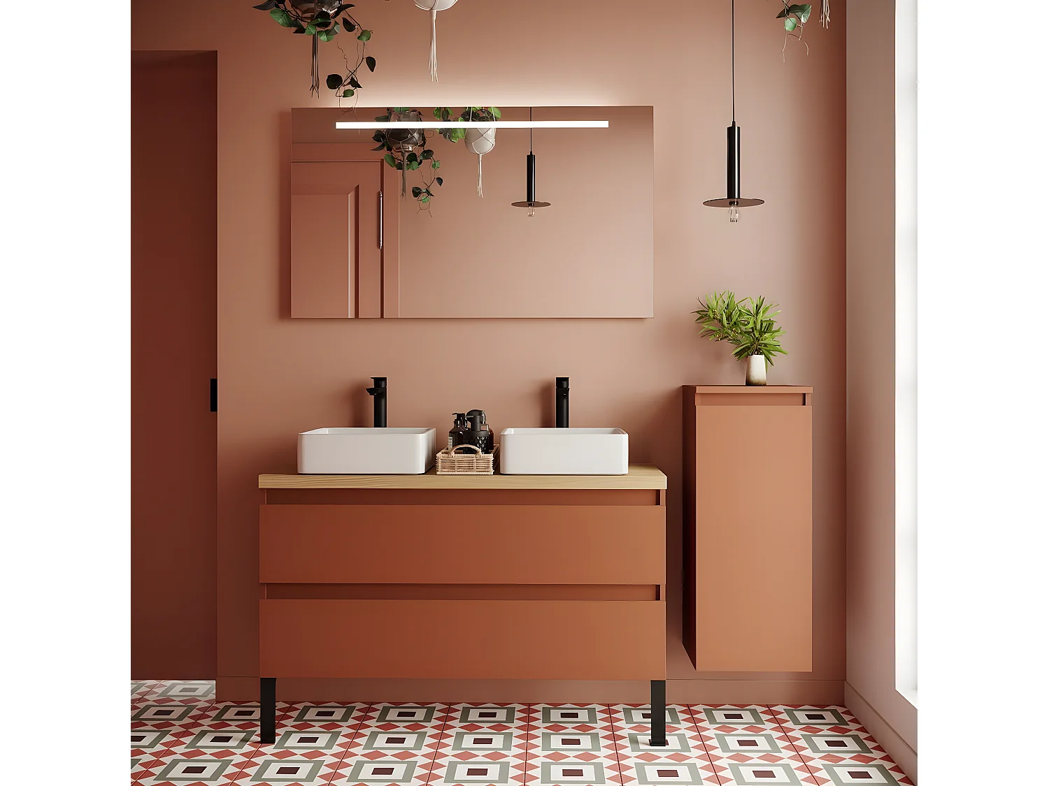Meuble de salle de bain suspendu 2 vasques à poser 120cm 2 tiroirs Terracotta + miroir + colonne ouverture droite - Hudson
