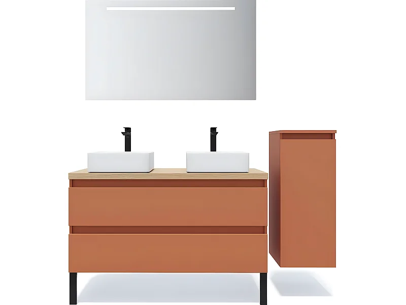 Meuble de salle de bain suspendu 2 vasques à poser 120cm 2 tiroirs Terracotta + miroir + colonne ouverture droite - Hudson
