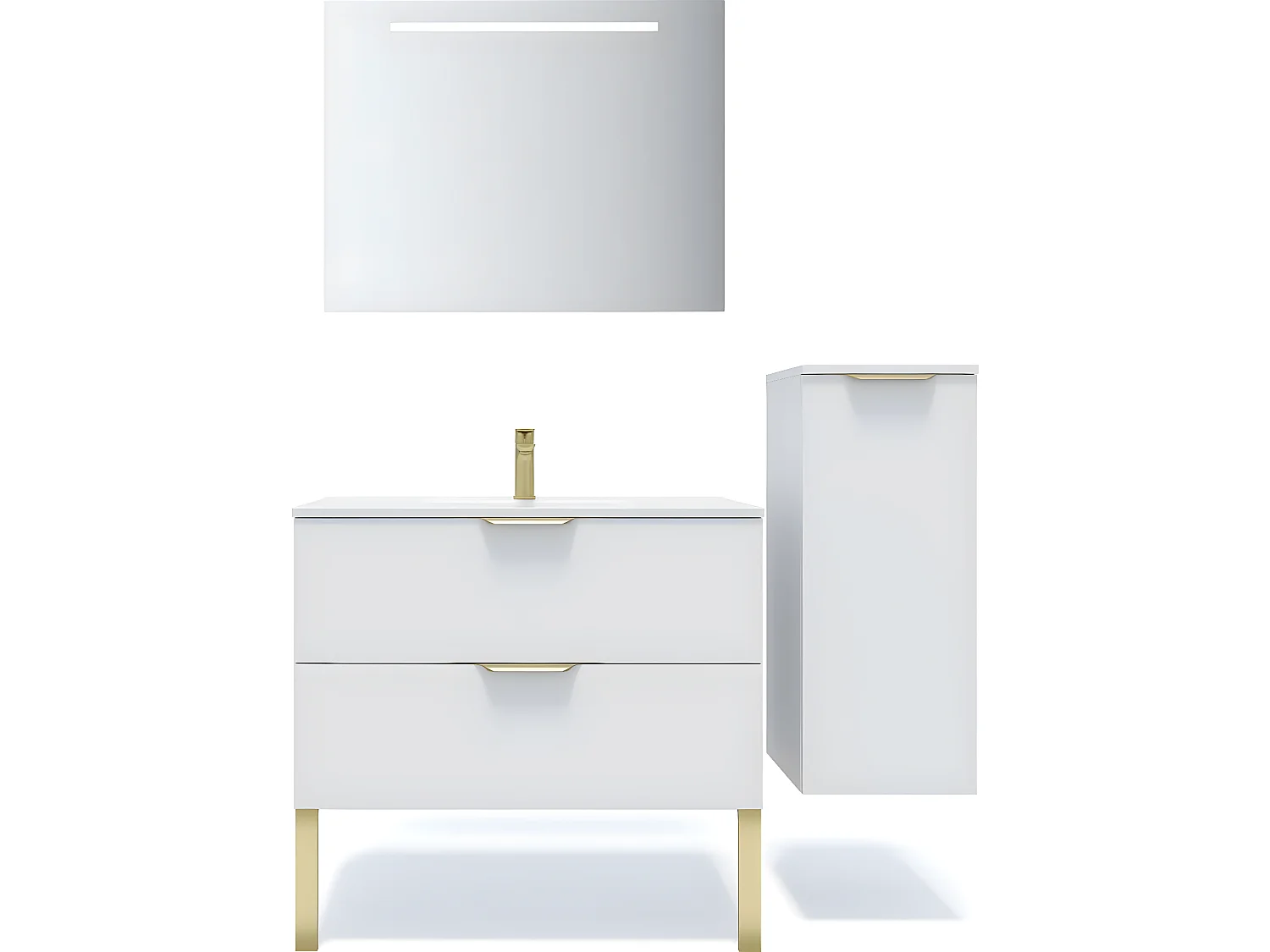 Meuble de salle de bain suspendu vasque intégrée 90cm 2 tiroirs Blanc + miroir + colonne ouverture droite - Venice