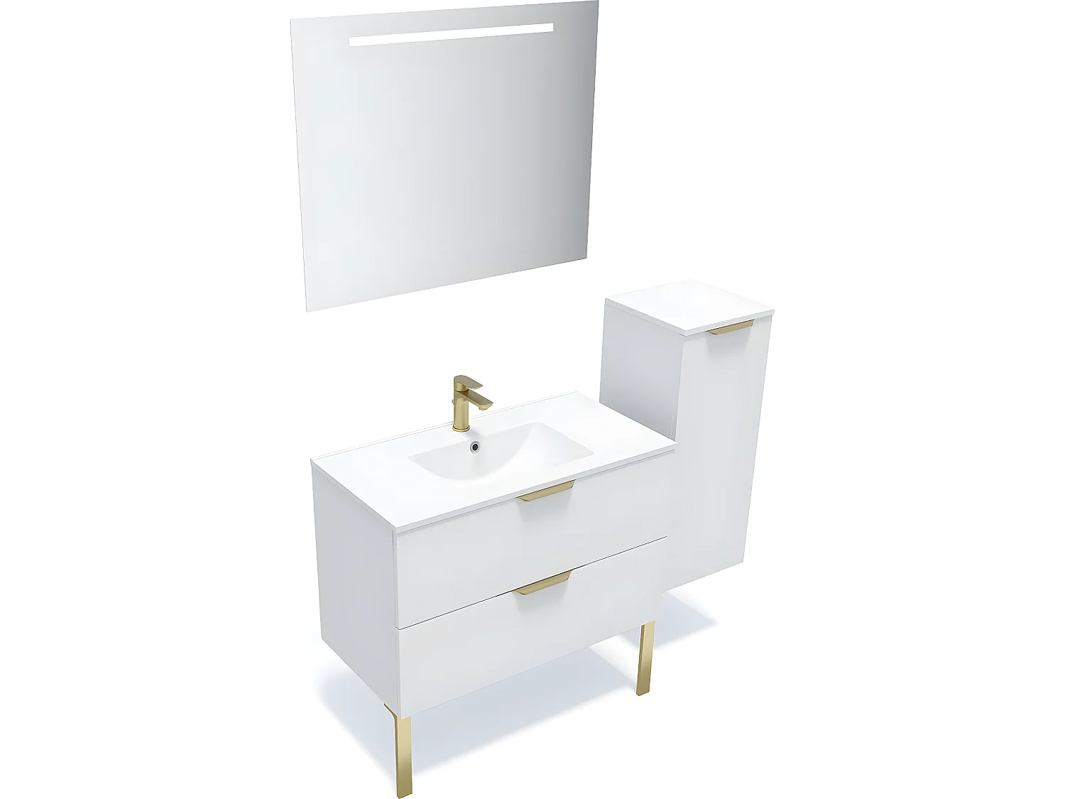 Meuble de salle de bain suspendu vasque intégrée 90cm 2 tiroirs Blanc + miroir + colonne ouverture droite - Venice