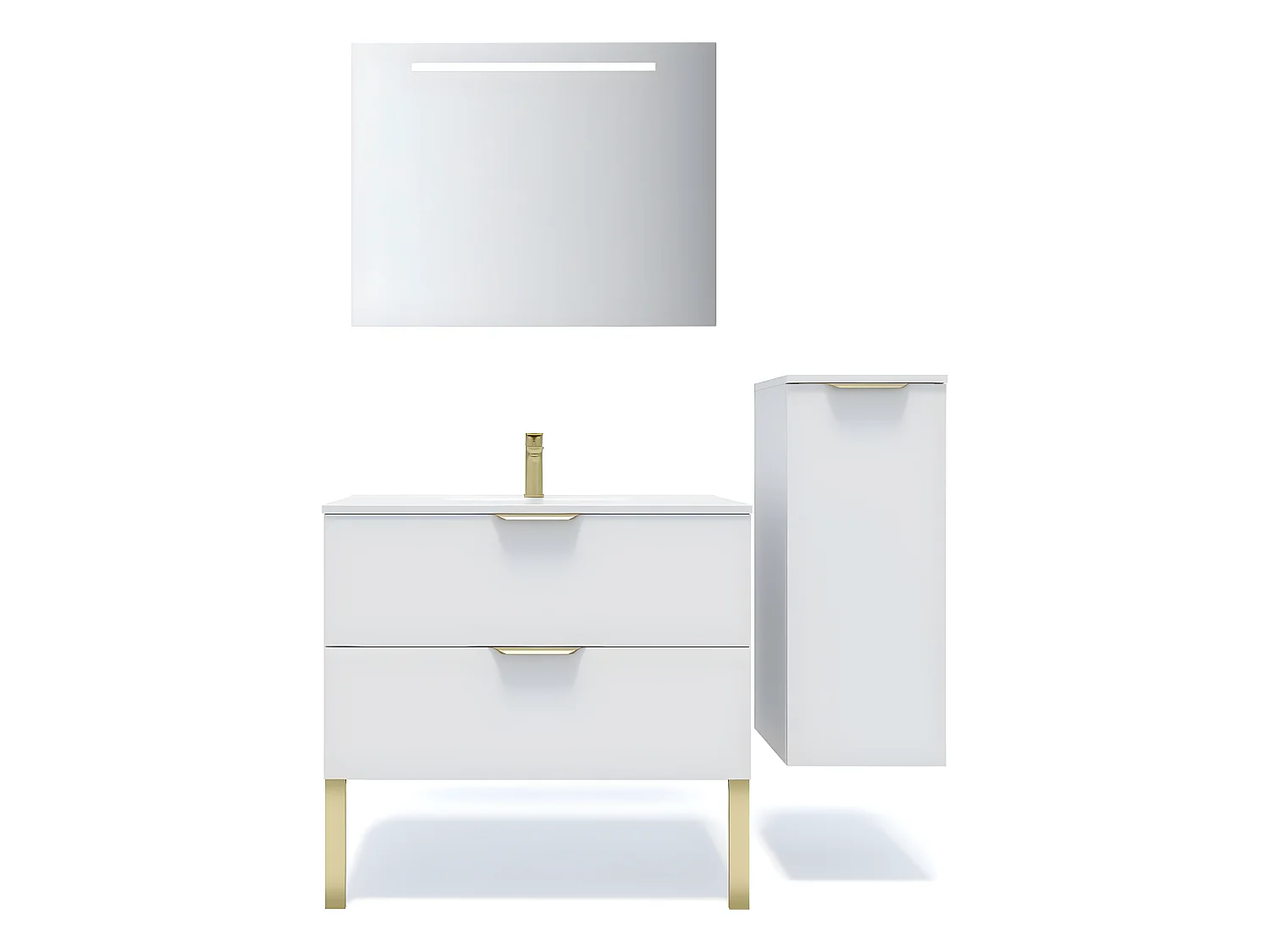 Meuble de salle de bain suspendu vasque intégrée 90cm 2 tiroirs Blanc + miroir + colonne ouverture droite - Venice