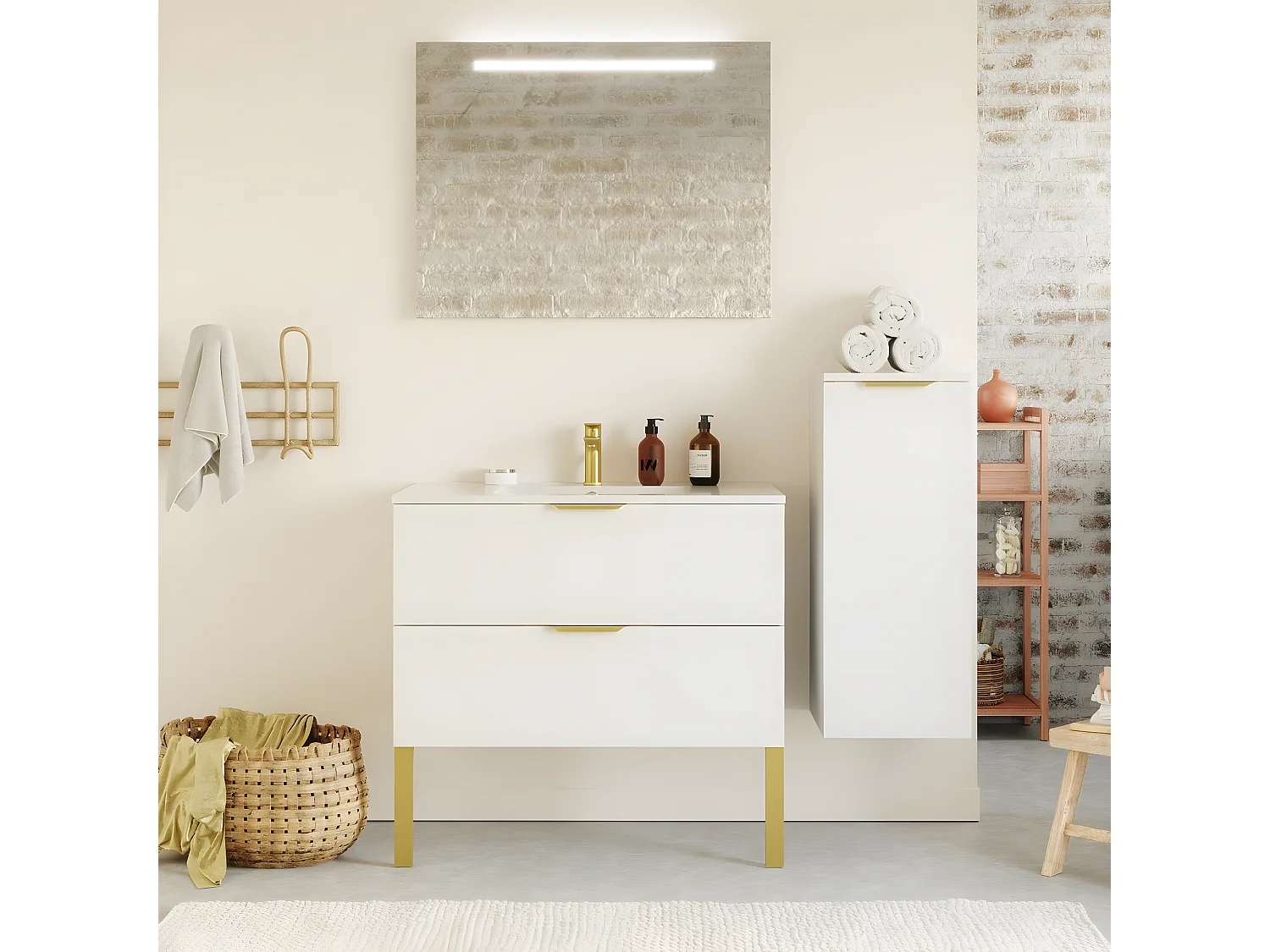 Meuble de salle de bain suspendu vasque intégrée 90cm 2 tiroirs Blanc + miroir + colonne ouverture droite - Venice