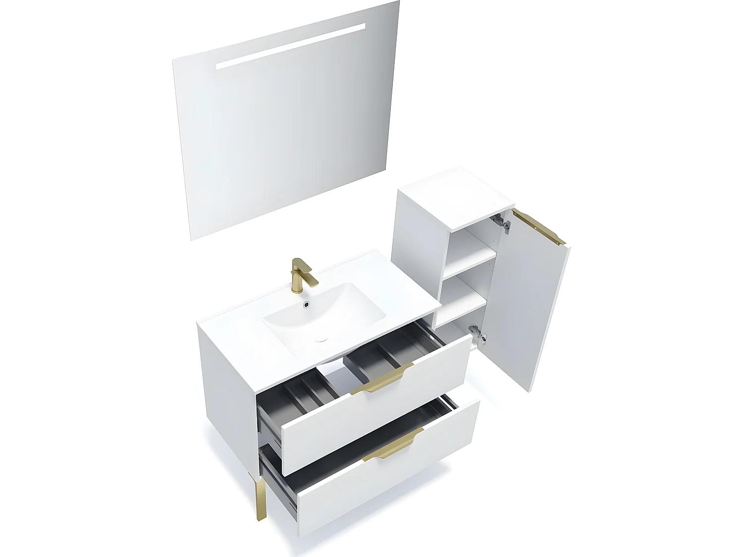 Meuble de salle de bain suspendu vasque intégrée 90cm 2 tiroirs Blanc + miroir + colonne ouverture droite - Venice