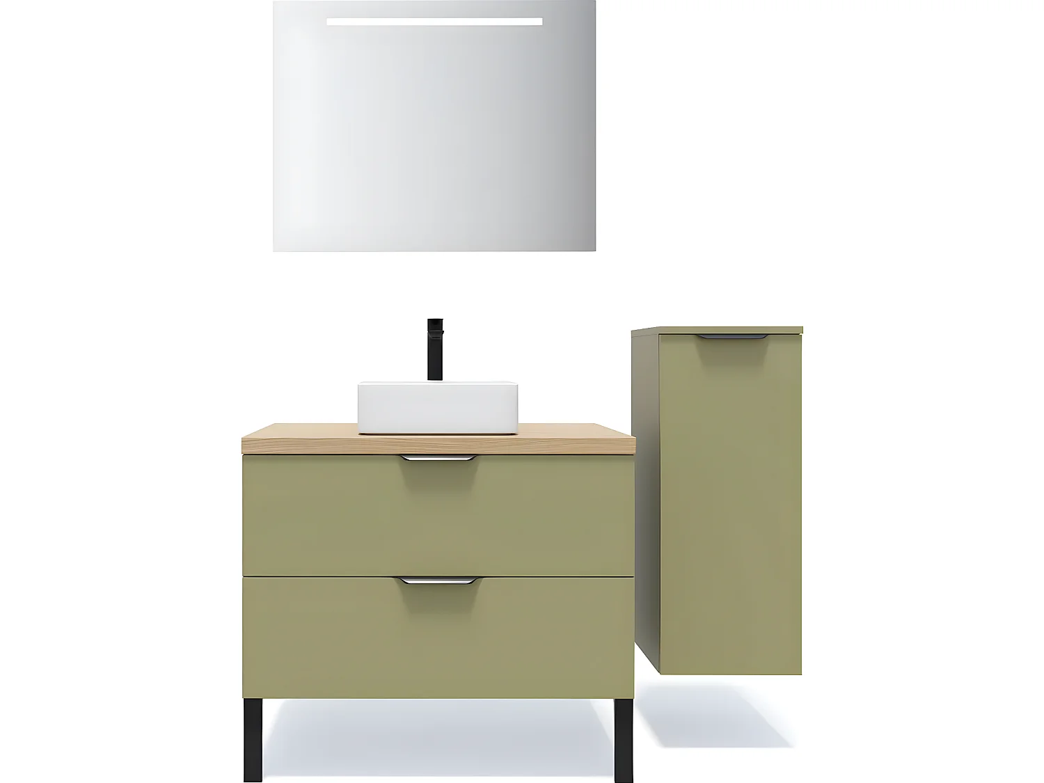Meuble de salle de bain suspendu vasque à poser 90cm 2 tiroirs Vert olive + miroir + colonne ouverture droite - Soho
