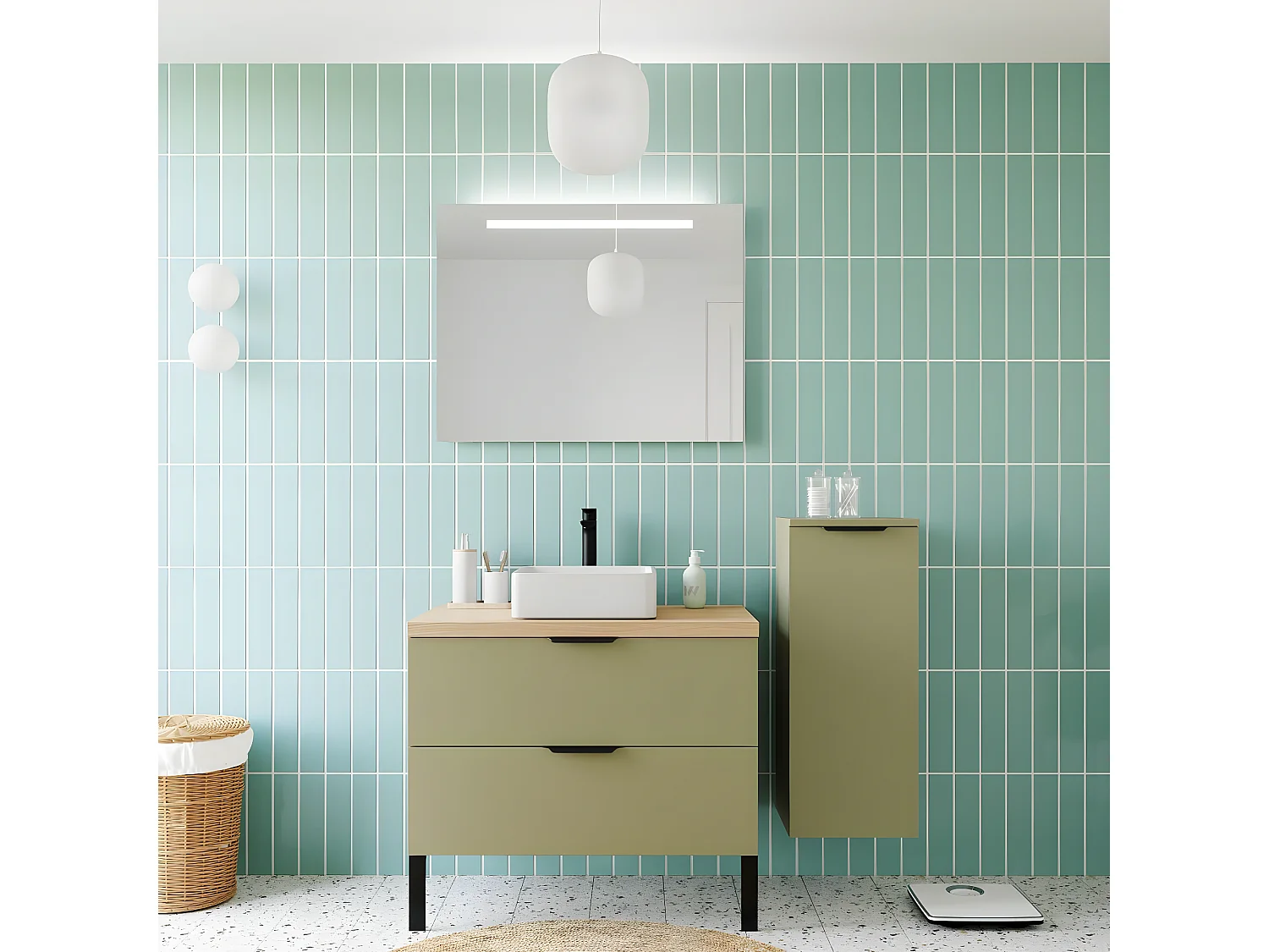 Meuble de salle de bain suspendu vasque à poser 90cm 2 tiroirs Vert olive + miroir + colonne ouverture droite - Soho