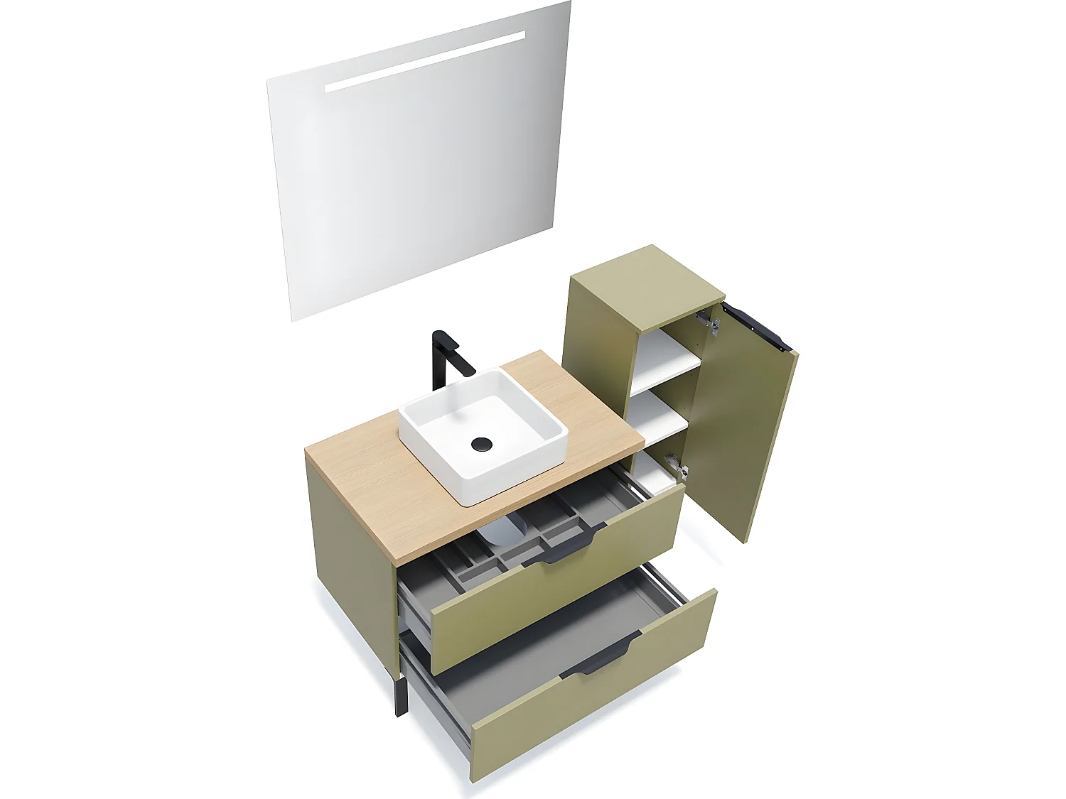 Meuble de salle de bain suspendu vasque à poser 90cm 2 tiroirs Vert olive + miroir + colonne ouverture droite - Soho