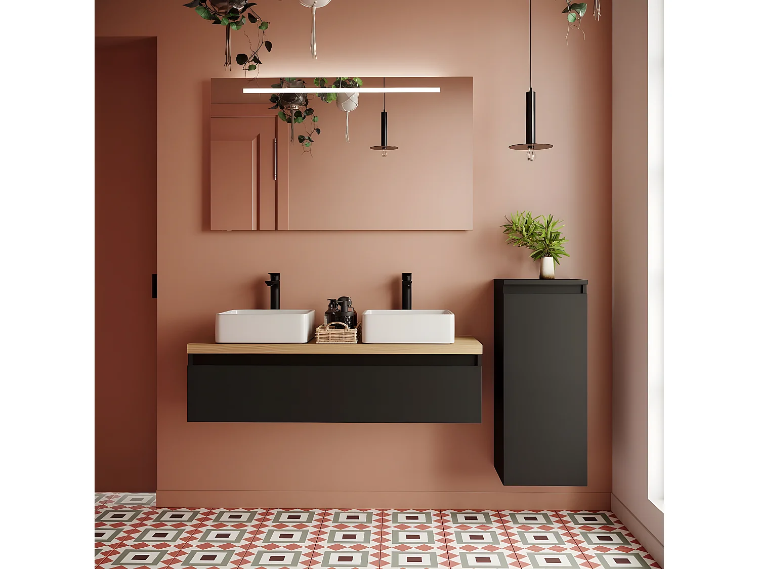 Meuble de salle de bain suspendu 2 vasques à poser 120cm 1 tiroir Noir + miroir + colonne ouverture droite - Hudson