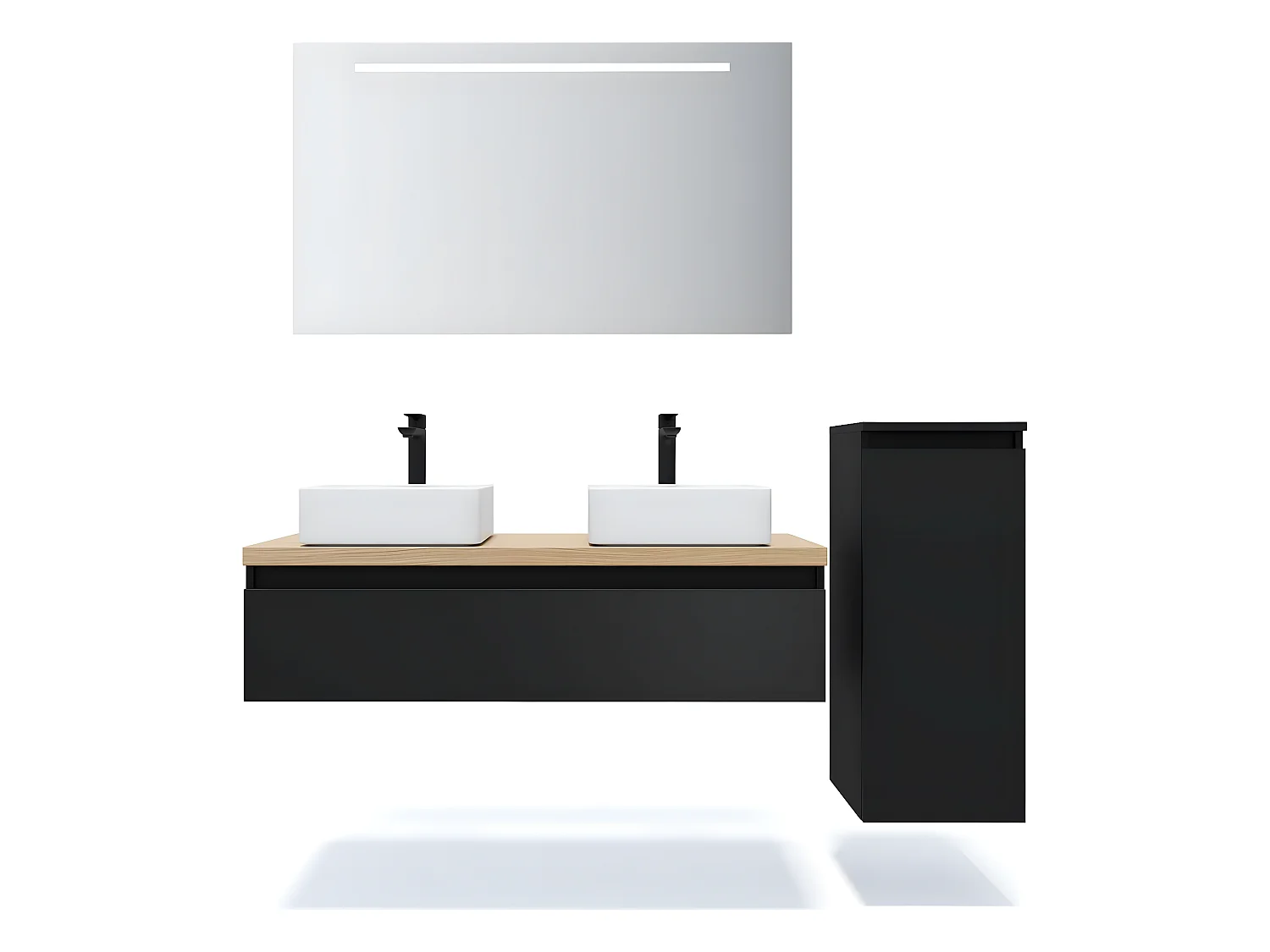 Meuble de salle de bain suspendu 2 vasques à poser 120cm 1 tiroir Noir + miroir + colonne ouverture droite - Hudson