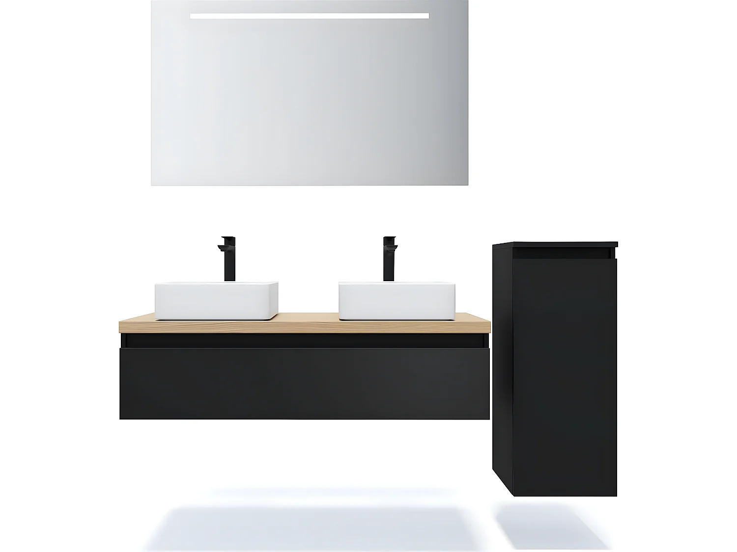 Meuble de salle de bain suspendu 2 vasques à poser 120cm 1 tiroir Noir + miroir + colonne ouverture droite - Hudson