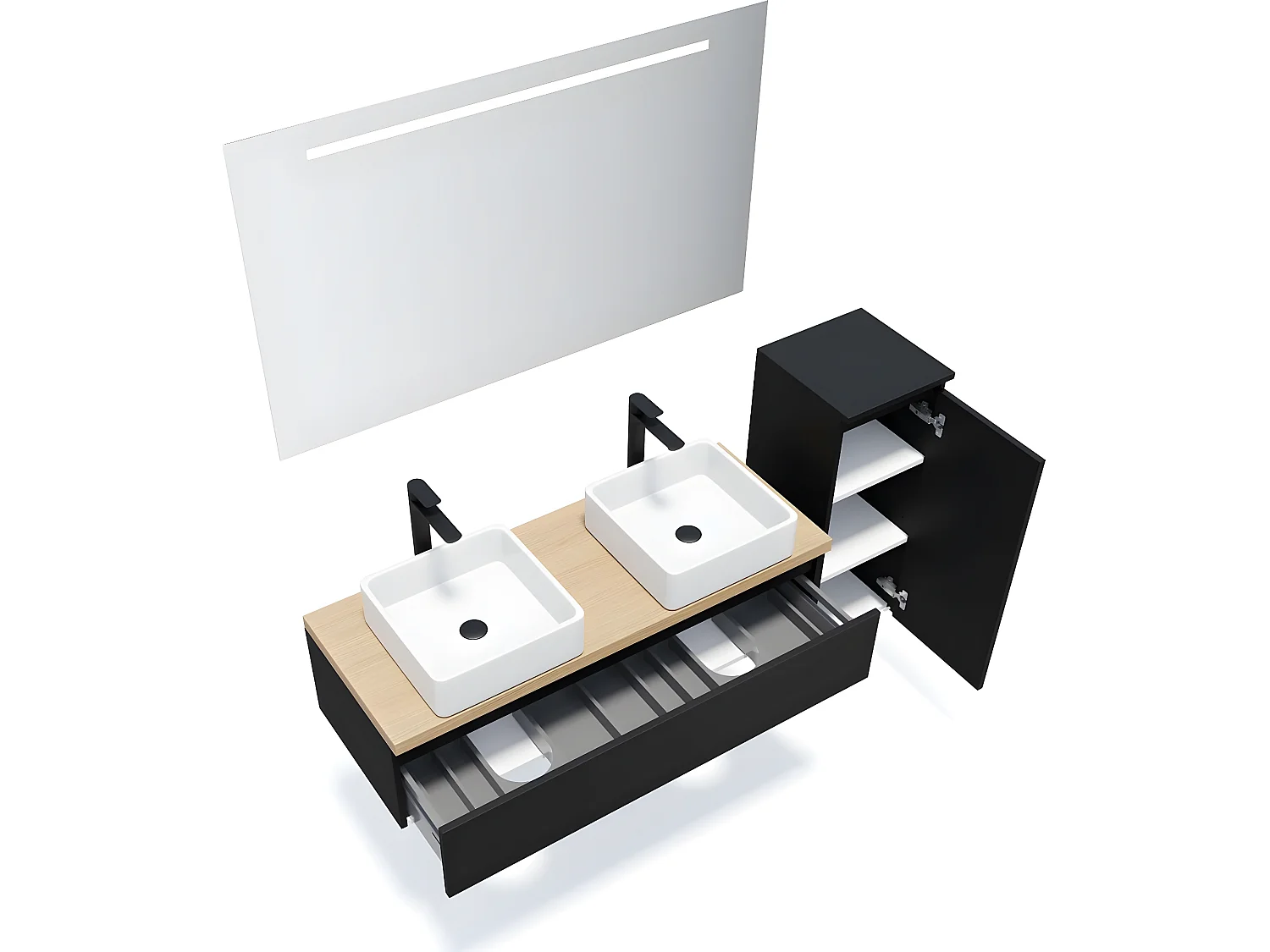 Meuble de salle de bain suspendu 2 vasques à poser 120cm 1 tiroir Noir + miroir + colonne ouverture droite - Hudson