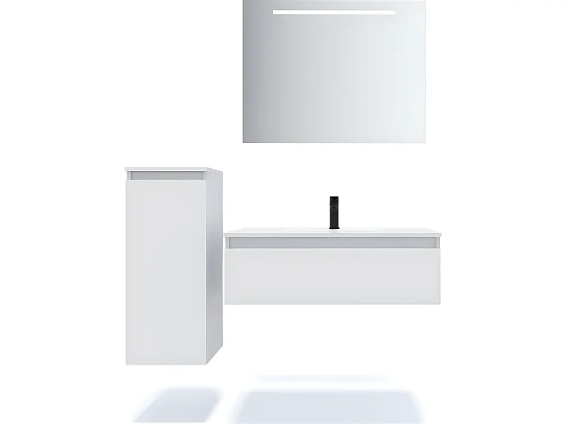 Meuble de salle de bain suspendu vasque intégrée 90cm 1 tiroir Blanc + miroir + colonne ouverture gauche - Hudson