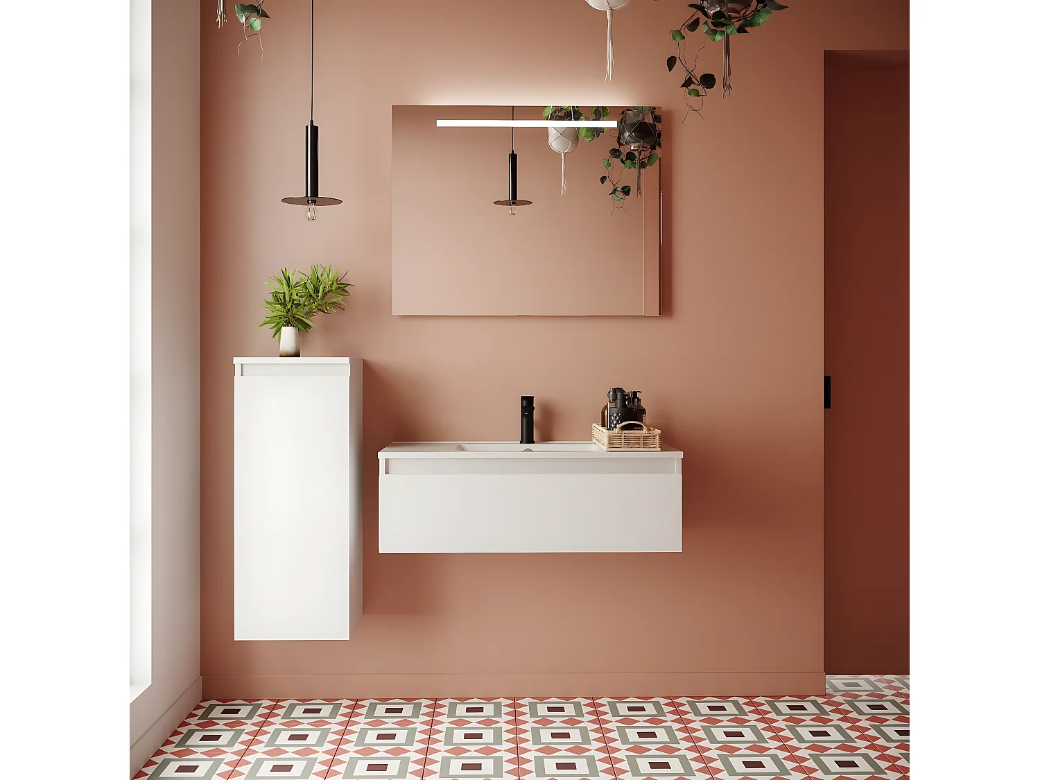 Meuble de salle de bain suspendu vasque intégrée 90cm 1 tiroir Blanc + miroir + colonne ouverture gauche - Hudson