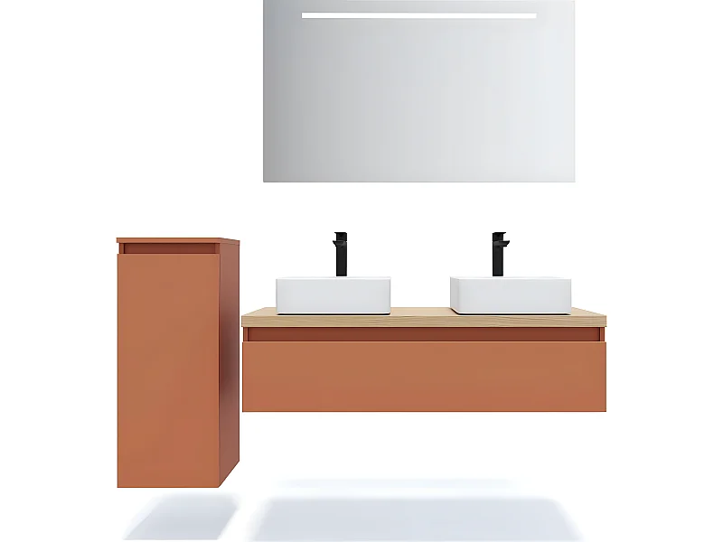 Meuble de salle de bain suspendu 2 vasques à poser 120cm 1 tiroir Terracotta + miroir + colonne ouverture gauche - Hudson