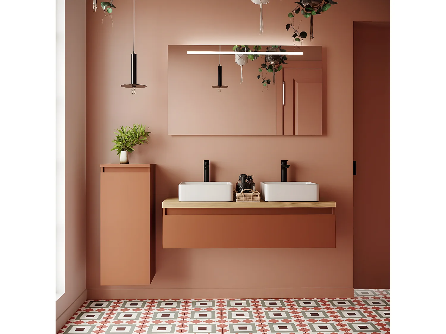Meuble de salle de bain suspendu 2 vasques à poser 120cm 1 tiroir Terracotta + miroir + colonne ouverture gauche - Hudson