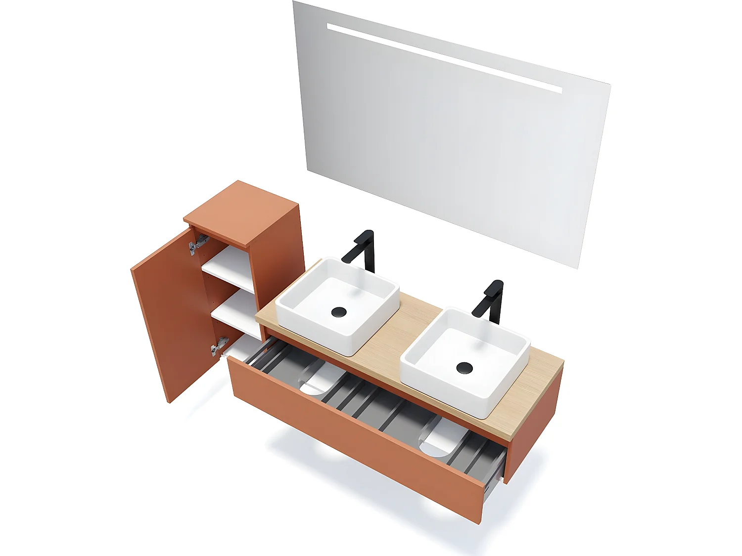 Meuble de salle de bain suspendu 2 vasques à poser 120cm 1 tiroir Terracotta + miroir + colonne ouverture gauche - Hudson