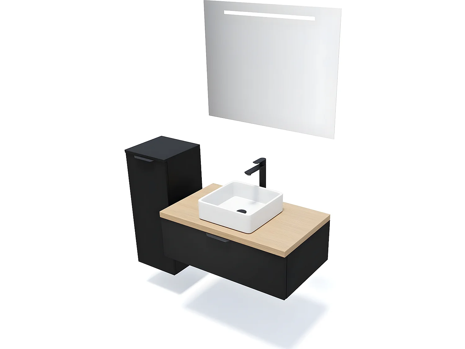 Meuble de salle de bain suspendu vasque à poser 90cm 1 tiroir Noir + miroir + colonne ouverture gauche - Soho